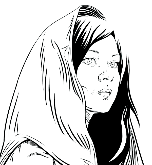 Black & white drawing of a peasant woman's face in a hood. 