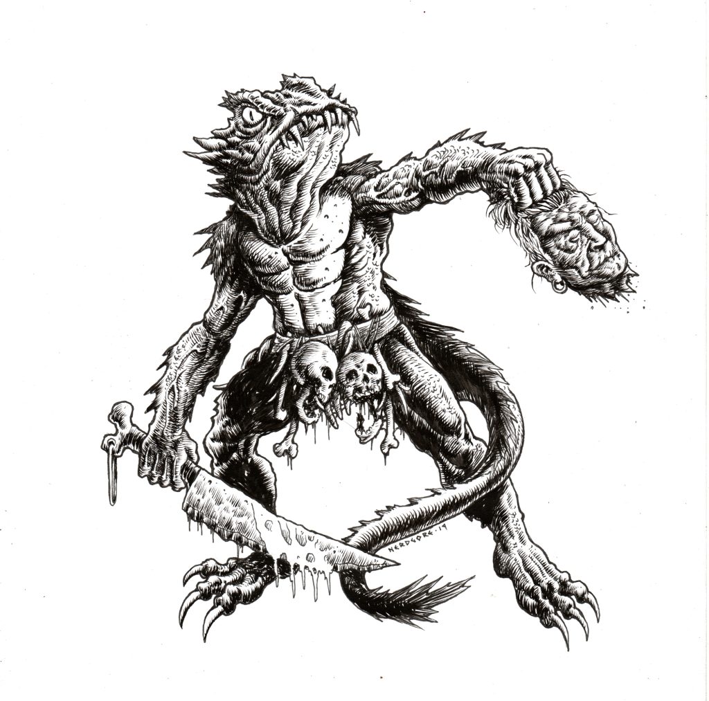 Lineart lizardfolk ready to fight with a sward